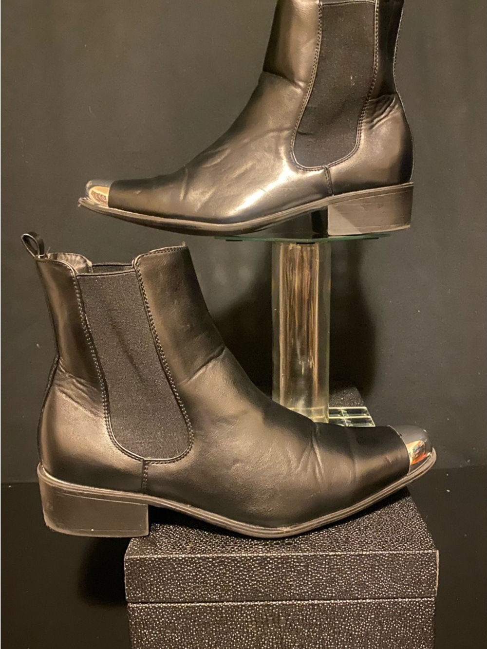 Black Leather Chelsea Boots with Silver Toe Cap. I wore these to a concert.
